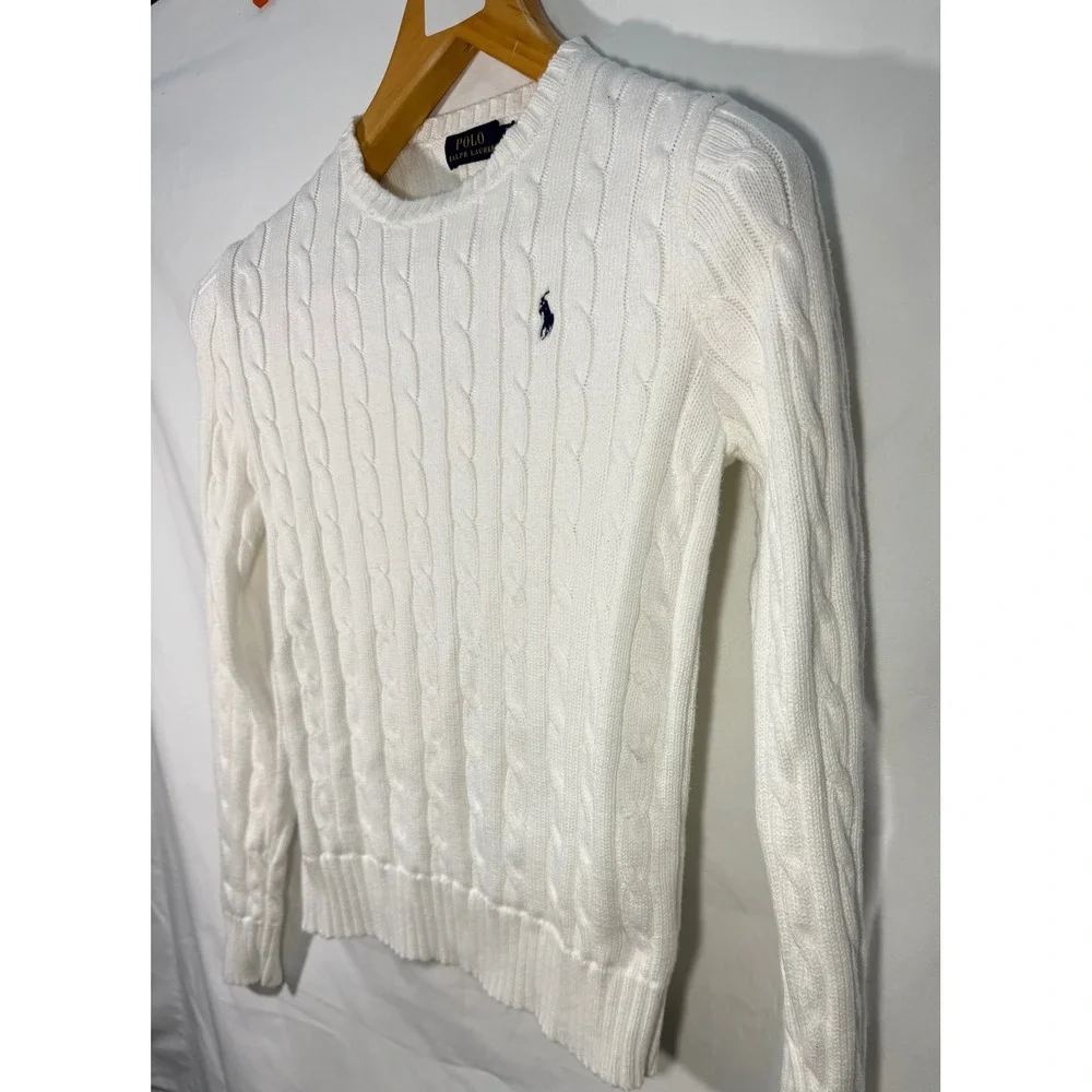Polo Ralph Lauren White Cable Knit Cotton Sweater Crew Neck Navy Pony Small SP